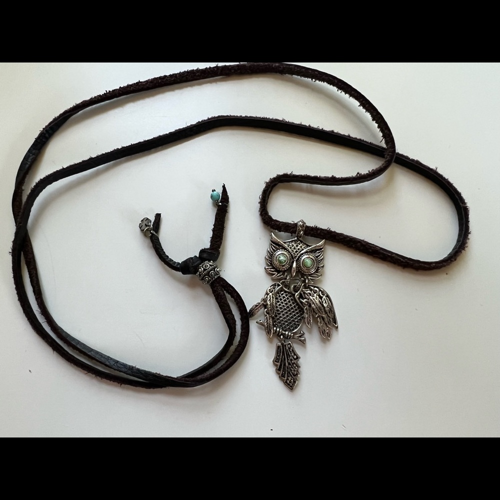 Articulated Silver Owl Necklace, Adjustable Suede Leather cord, 36 in long
